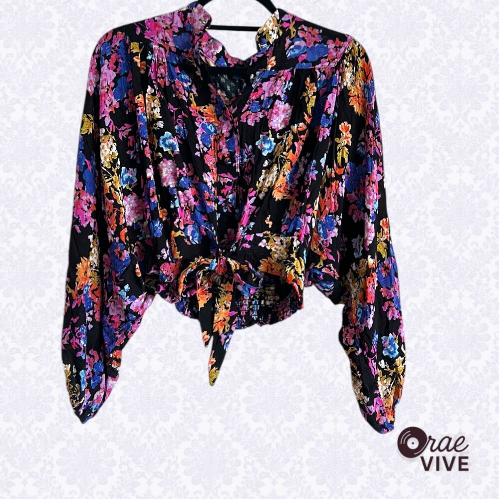NWT RACHEL Rachel Roy M Black Floral Tie Front Crop Blouse